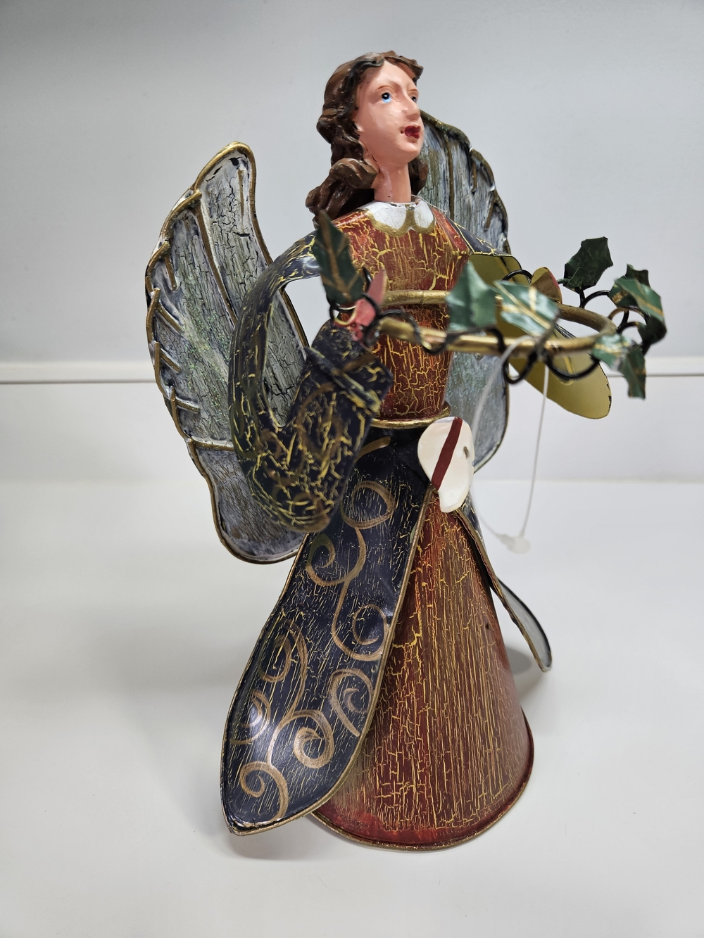 NEW VINTAGE Handmade Crackled Blue Red Angel Tin Tree Topper Decor Christmas